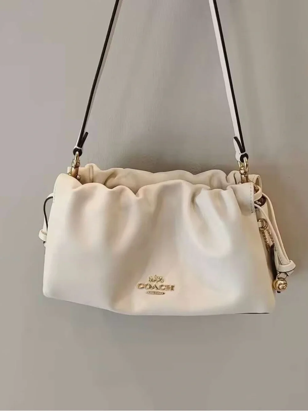 Coach Cream Ruched Leather Shoulder Bag with Gold Hardware